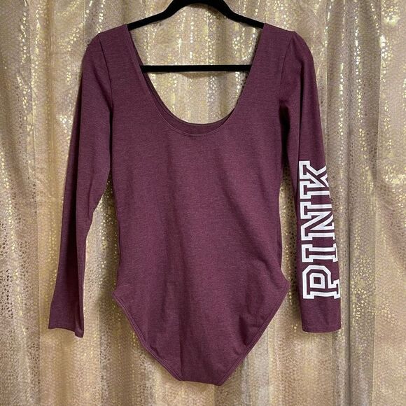 PINK Victorias Secret Maroon white Logo Long Sleeve Bodysuit, Medium - Picture 2 of 4